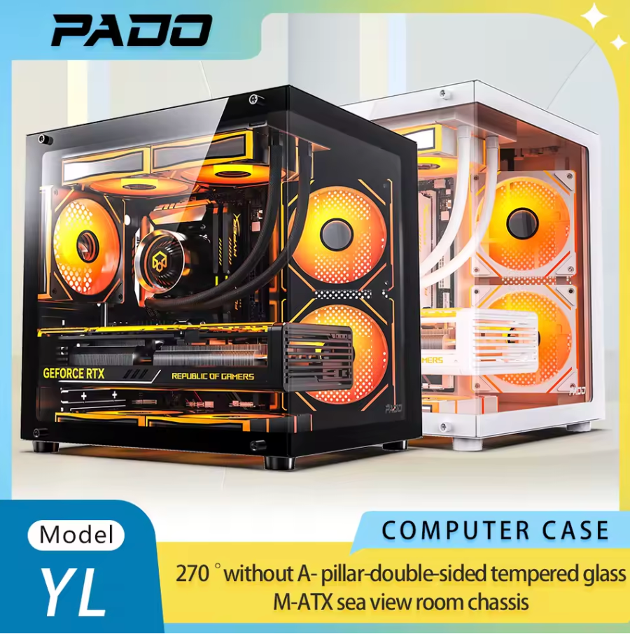 PADO YL M-ATX Gaming PC Gehäuse Desktop 270 ° Computergehäuse im Meerblick-Raum ohne A-Säule, doppelseitiger transparenter PC-Gamer-Schrank