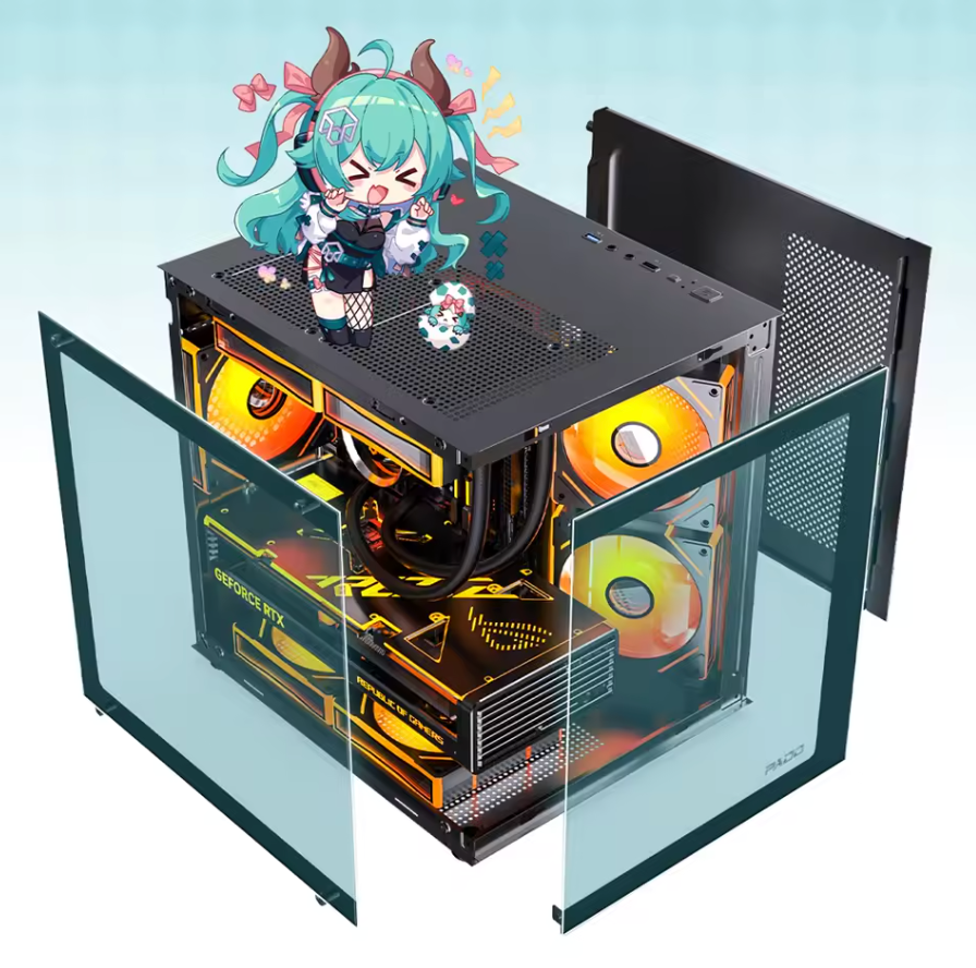 PADO YL M-ATX Gaming PC Gehäuse Desktop 270 ° Computergehäuse im Meerblick-Raum ohne A-Säule, doppelseitiger transparenter PC-Gamer-Schrank