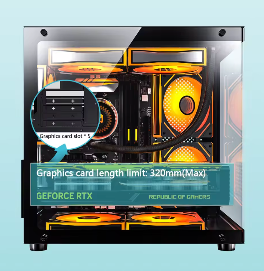 PADO YL M-ATX Gaming PC Gehäuse Desktop 270 ° Computergehäuse im Meerblick-Raum ohne A-Säule, doppelseitiger transparenter PC-Gamer-Schrank