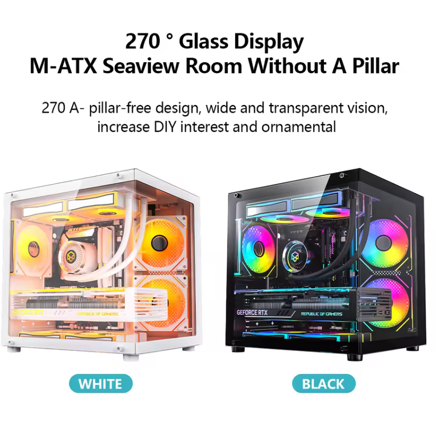 PADO YL M-ATX Gaming PC Gehäuse Desktop 270 ° Computergehäuse im Meerblick-Raum ohne A-Säule, doppelseitiger transparenter PC-Gamer-Schrank