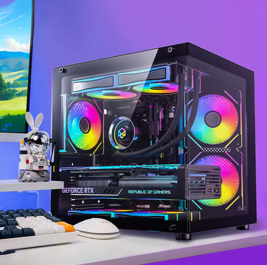 PADO YL M-ATX Gaming PC Gehäuse Desktop 270 ° Computergehäuse im Meerblick-Raum ohne A-Säule, doppelseitiger transparenter PC-Gamer-Schrank